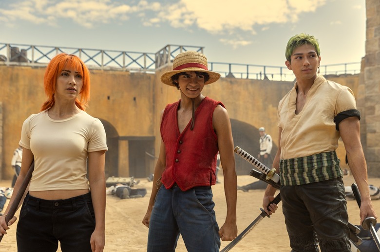 Emily Rudd as Nami, Iñaki Godoy as Monkey D. Luffy, Mackenyu Arata as Roronoa Zoro in season 1 of One Piece.