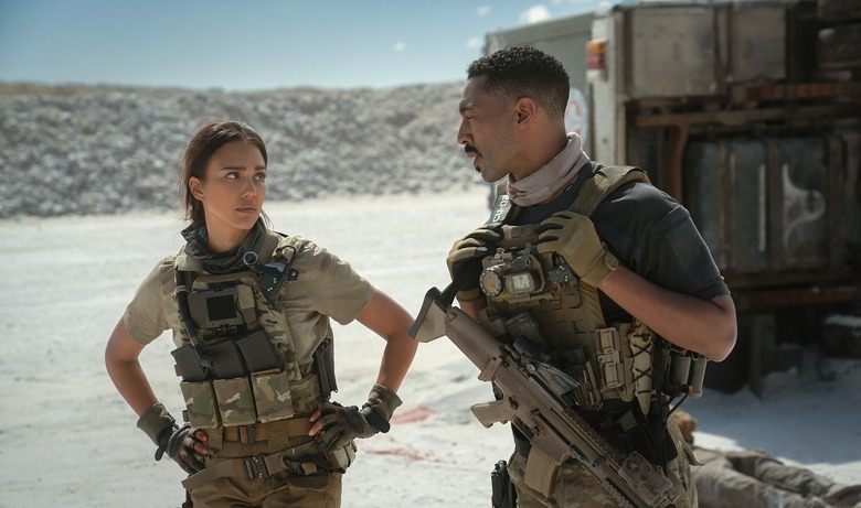 Jessica Alba as Parker and Tone Bell as Spider in Trigger Warning.