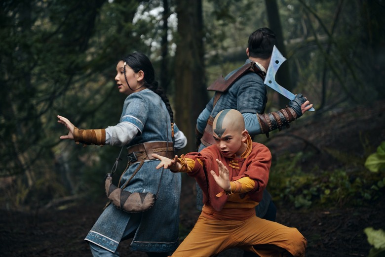 Kiawentiio as Katara, Gordon Cormier as Aang, Ian Ousley as Sokka in Avatar: The Last Airbender.
