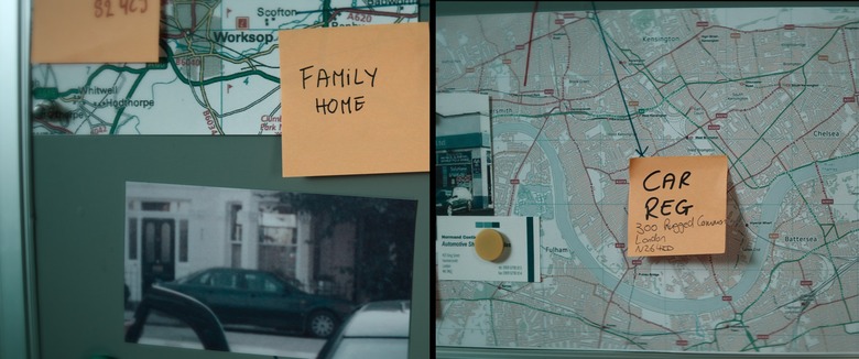 notes attached to a crime scene board