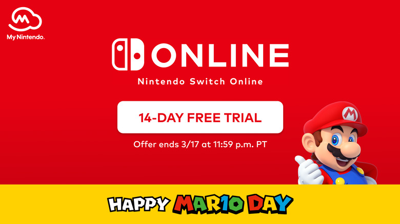 Nintendo Switch Online 14-day free trial for MAR10 Day.