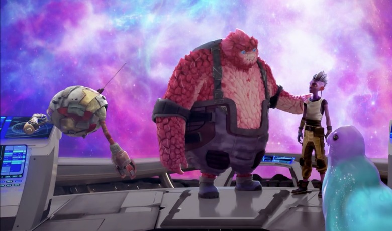 Angus Imrie as Zero, Rylee Alazraqui as Rok-Tahk, Brett Gray as Dal, David Lee Bradley as Murf and Jason Mantzoukas as Jankom Pog in Star Trek: Prodigy.