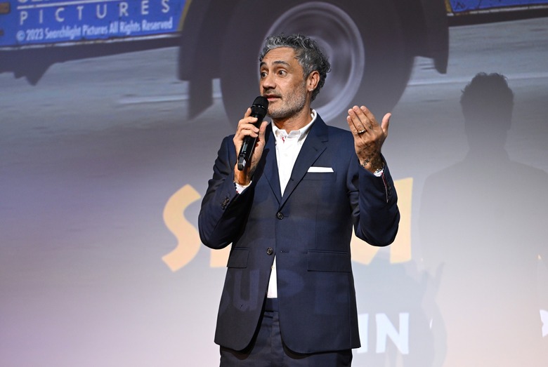 Taika Waititi speaks on stage at the "Next Goal Wins" Charity Special Preview at Ham Yard Hotel on November 22, 2023 in London, England.