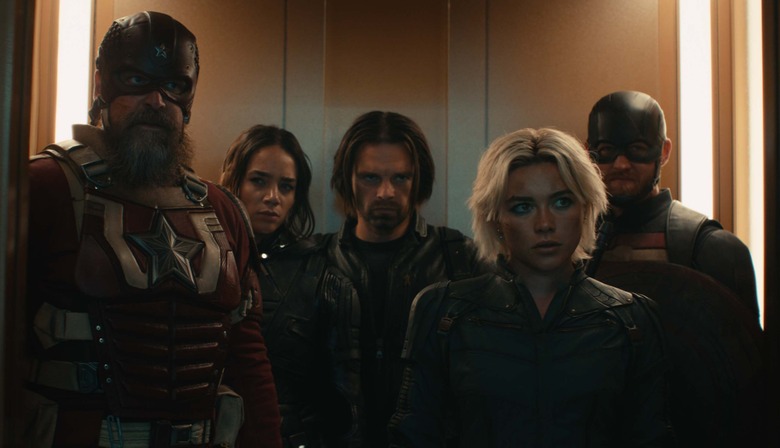 Alexei Shostakov/Red Guardian (David Harbour), Ghost (Hannah John-Kamen), Bucky Barnes (Sebastian Stan), Yelena Belova (Florence Pugh), and John Walker (Wyatt Russell) in Thunderbolts*.