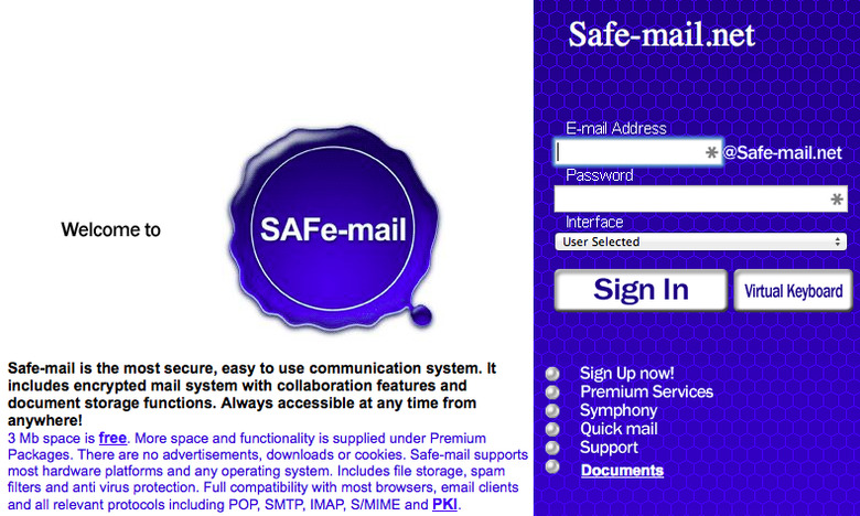 Safe-mail website screenshot