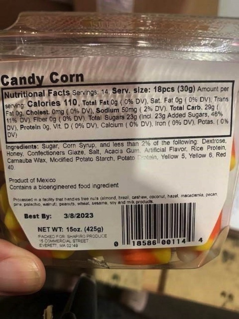 Candy Corn recall: The product label on the back of the plastic container.