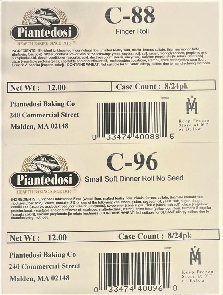 Piantedosi bread recall: Examples of labels from products part of the recall.