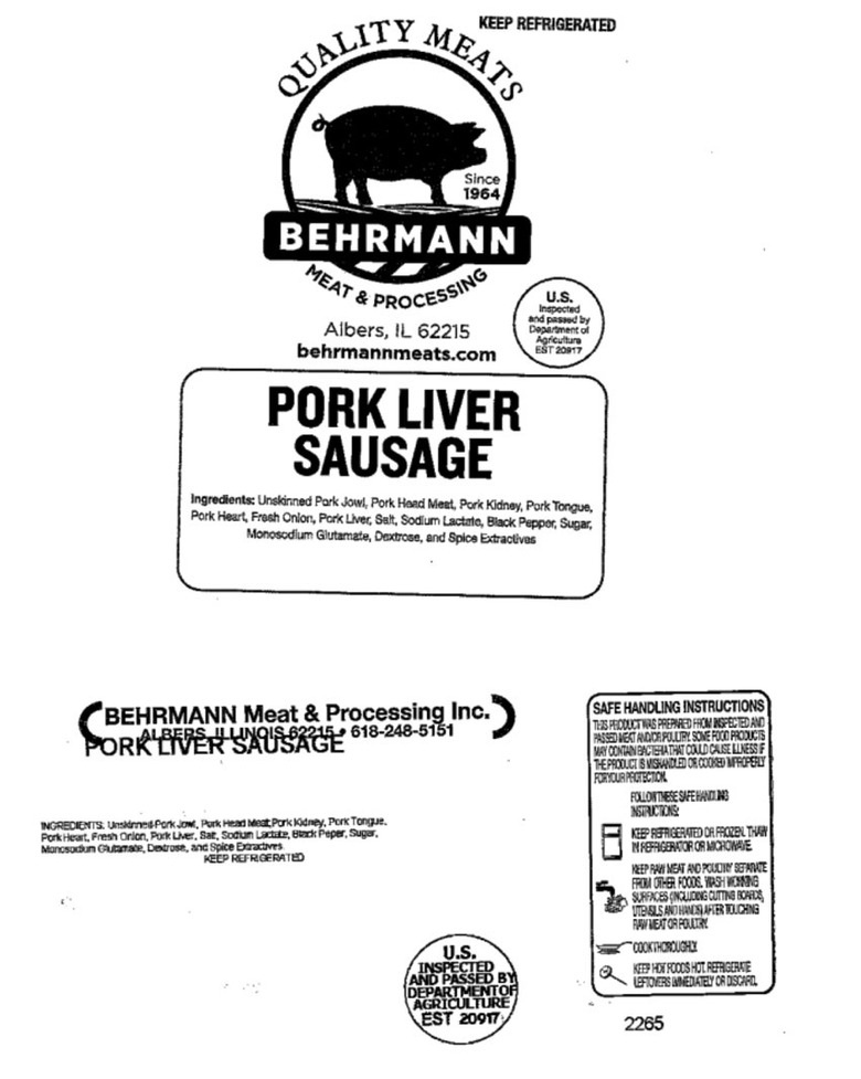 Behrmann meat recall: The label of a Pork Liver Sausage product.