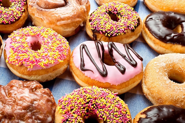 Close up of a selection of colorful donuts.
