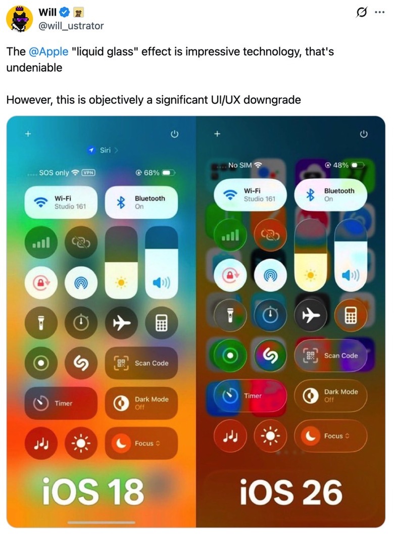 Control Center in iOS 18 (left) and iOS 26 (right).