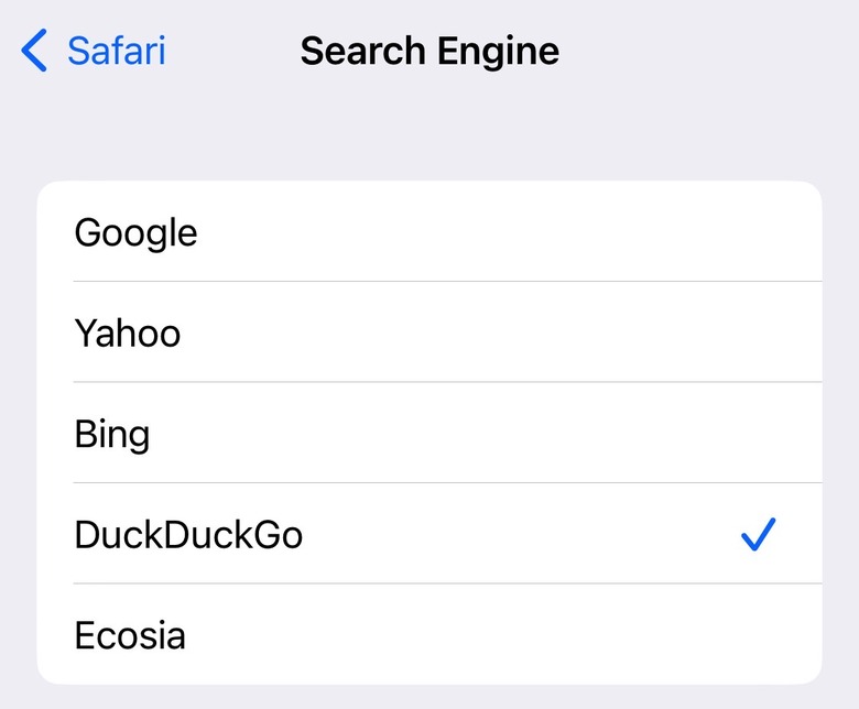 iPhone Safari: The search engine options.