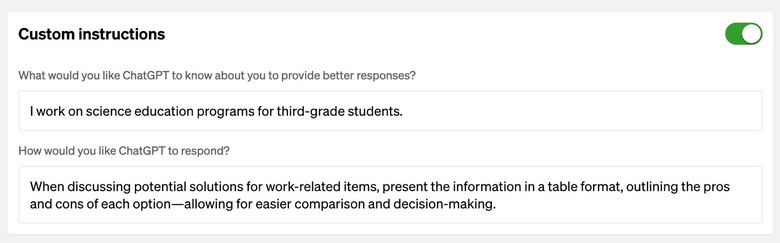 Setting custom instructions in ChatGPT Plus.