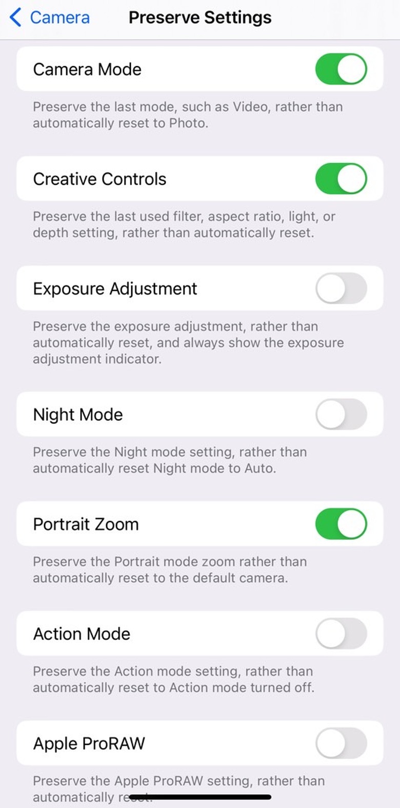 The iPhone camera settings that you can preserve.