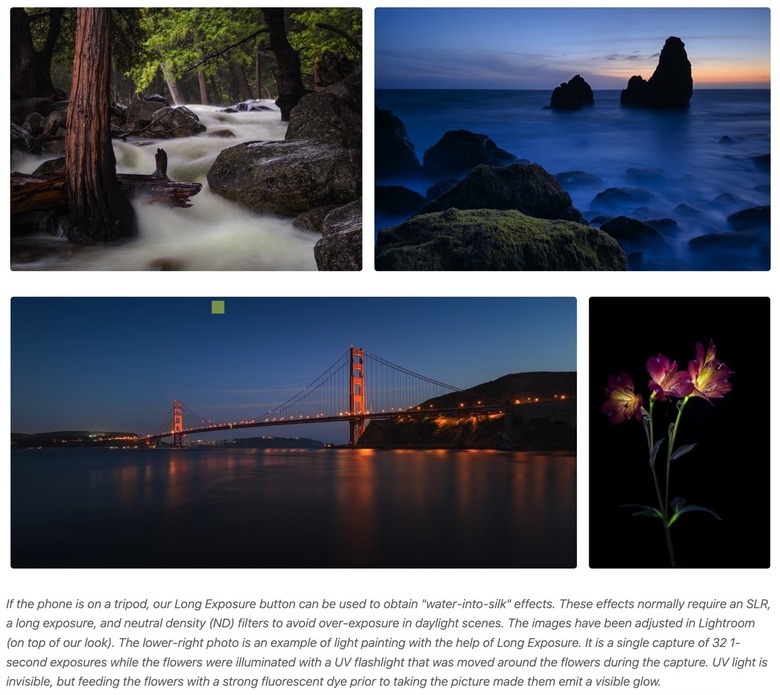 "Water-into-silk" effect and other camera samples.