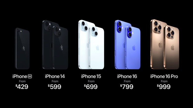 Apple's September 2024 iPhone lineup: iPhone SE 3, iPhone 14, iPhone 15, iPhone 16, and iPhone 16 Pro.