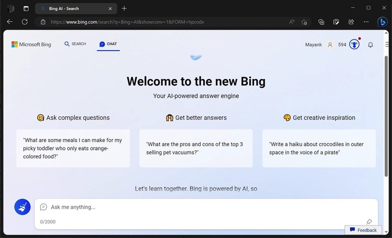 The new Bing's user interface shows Microsoft's ChatGPT chat integration.