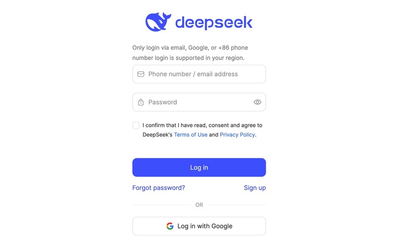 The login page for the DeepSeek AI chatbot.