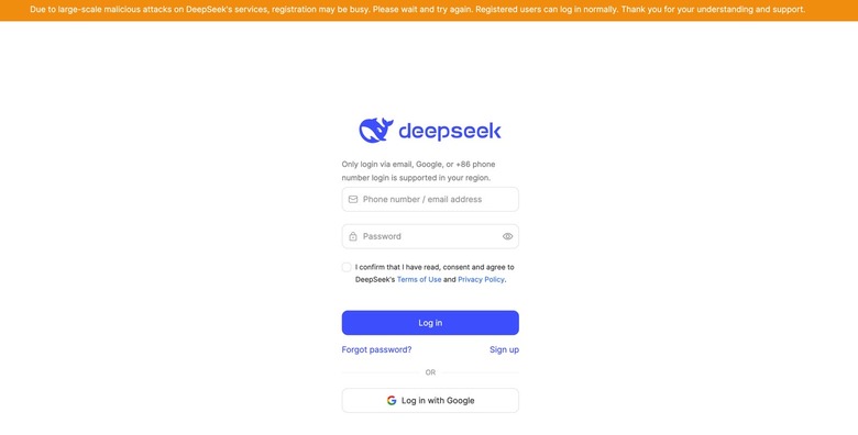 DeepSeek login page shows warning about new registrations.