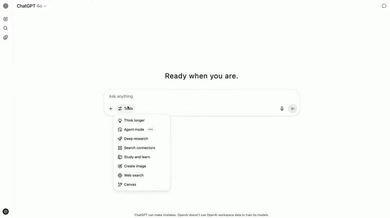 ChatGPT Agent will be available in the Tools menu.