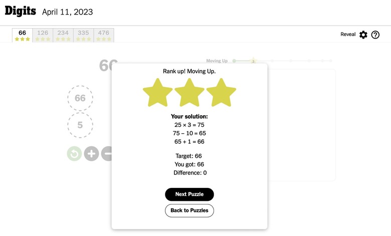 The New York Times' Digits: You get three stars if you find the correct solution.