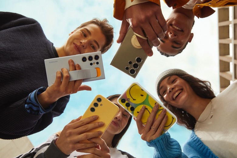 Galaxy S24, S24 Plus, and S24 phones with accessories.