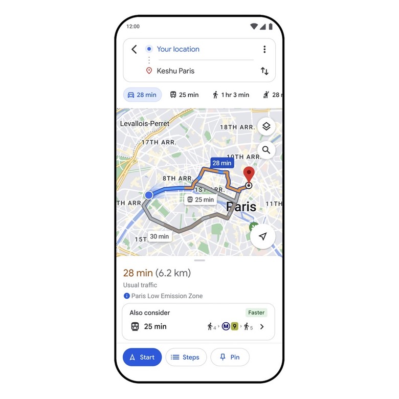 Google Maps can suggest alternatives to driving when appropriate.