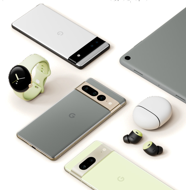 Google devices, including the unreleased Pixel 7 Pro, Pixel 7, Pixel Watch, and Pixel Tablet.