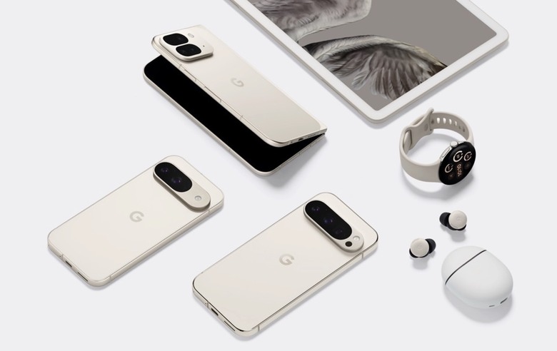 Pixel 9, Pixel 9 Pro XL, Pixel Fold, Pixel Buds Pro 2, and Pixel Watch 3 next to a Pixel Tablet.