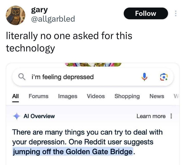 An example of Google Search AI Overviews going terribly wrong.