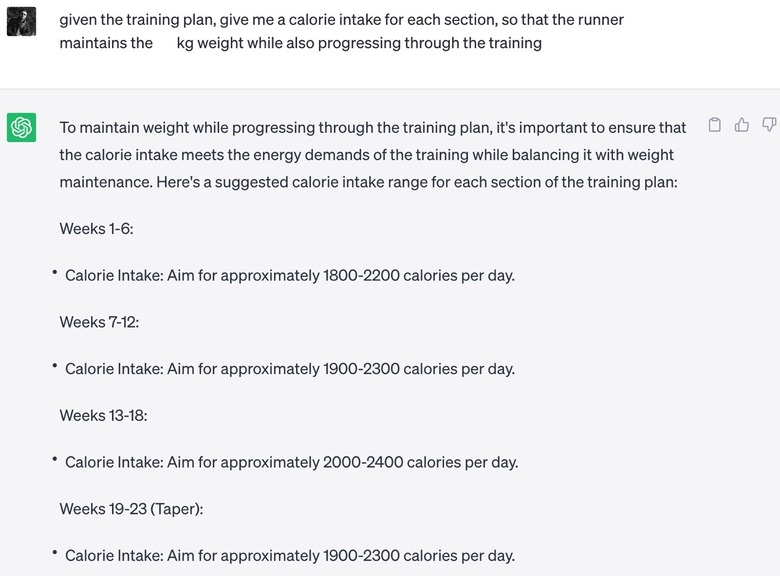 The calorie intake variance for each section of the ChatGPT half-marathon running plan.