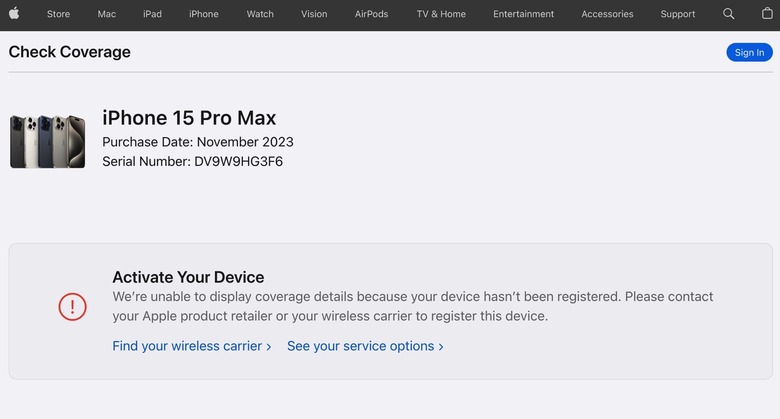 Checking theEdmard's iPhone 15 Pro Max serial number with Apple's coverage tool.