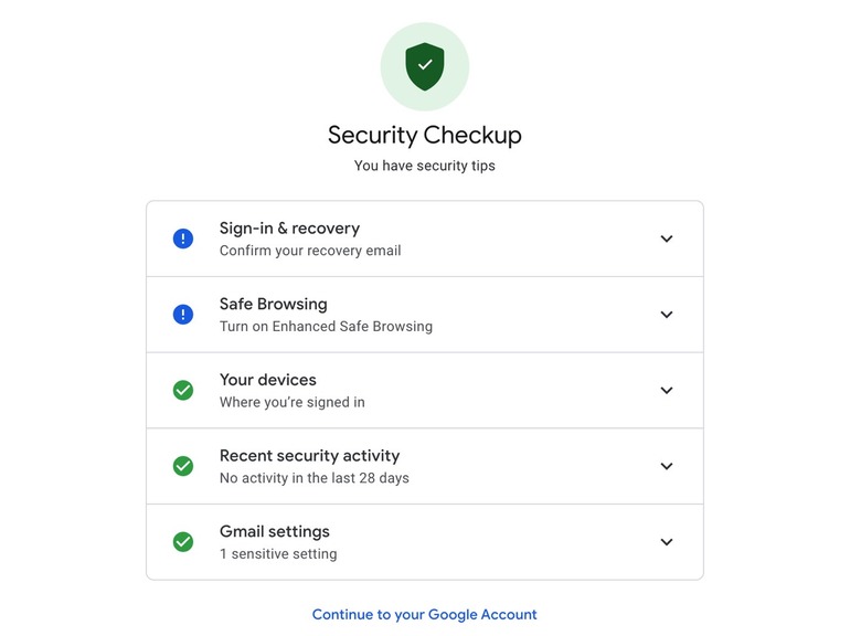 Google account Security Checkup menu.