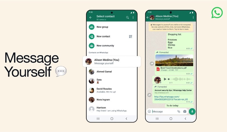 WhatsApp rolled out support for texting yourself: Message yourself.