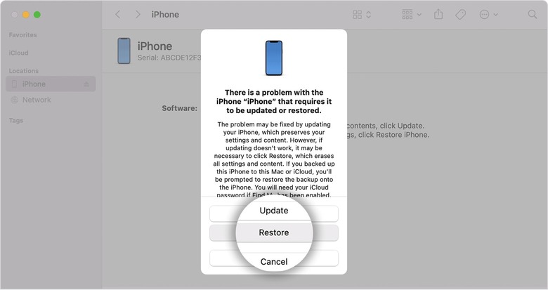 Using macOS to restore an iPhone.