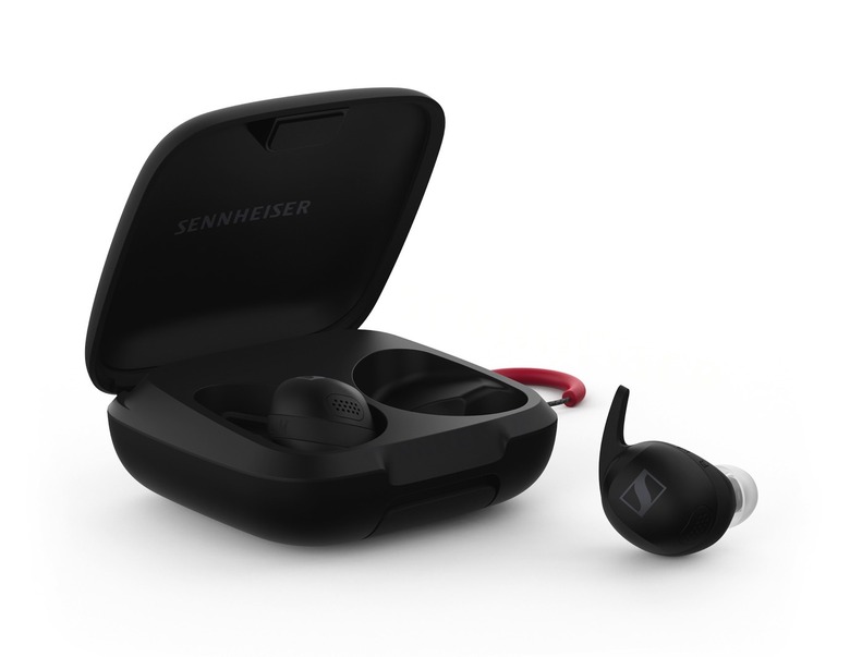 Sennheiser Momentum Sport wireless earbuds and case in black.