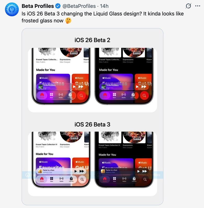 Liquid Glass transparency: iOS 26 beta 2 (top) vs. iOS 26 beta 3 (bottom).