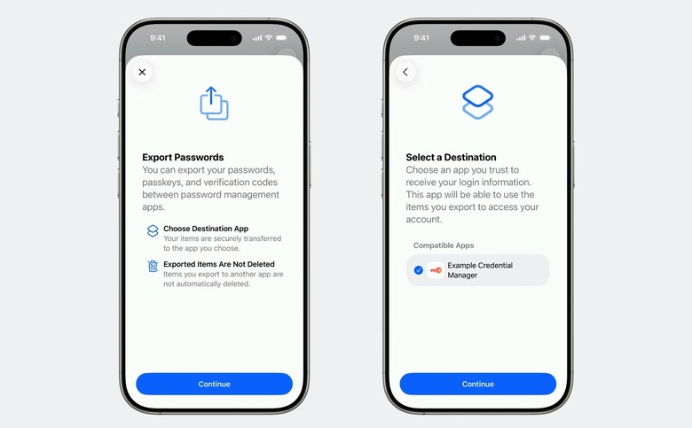 iOS 26: Exporting passkeys in the Passwords app.