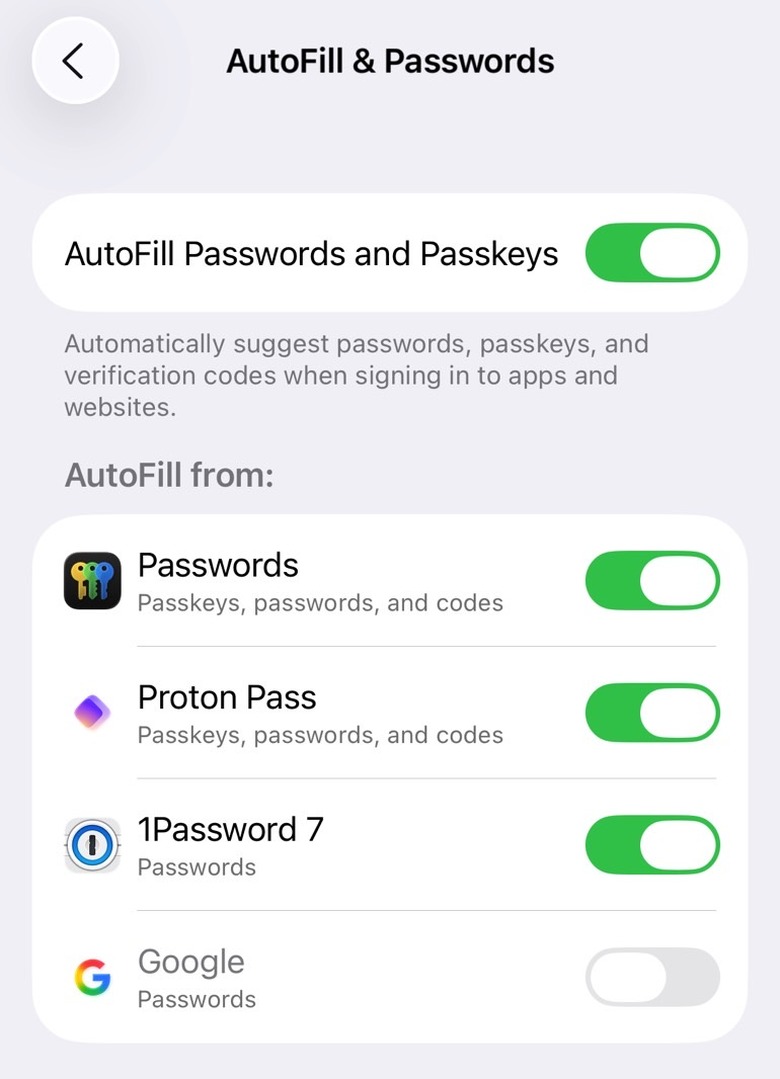 iOS 26: Enabling password manager apps in the Settings app.
