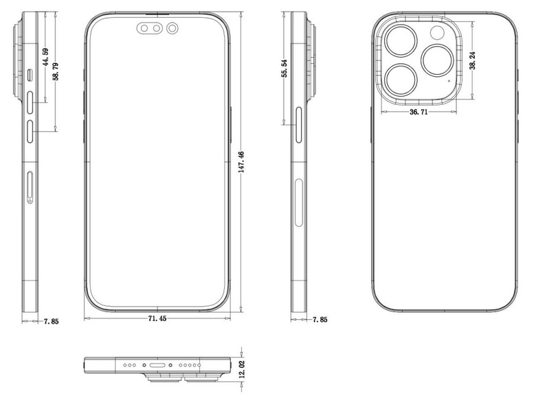 iPhone 14 Pro design schematics with dimensions