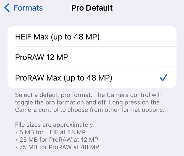 The new ProRAW camera modes on iPhone 14 Pro/Max after the iOS 17 update.