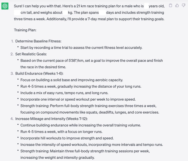 ChatGPT's half-marathon running/training plan was ready in seconds.