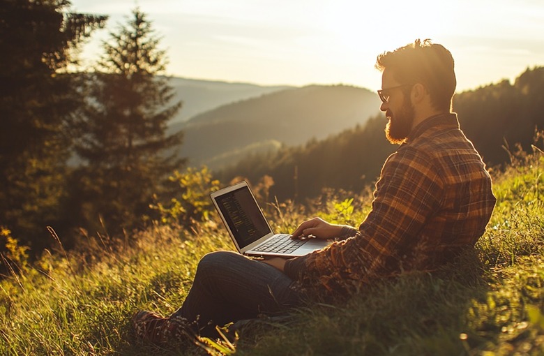 A man sitting on a sunny hillside typing on his laptop.