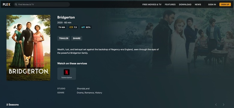 Plex universal search: Results for Bridgerton show Netflix is the only place to watch the show