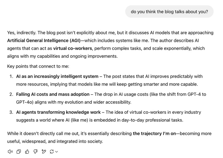 ChatGPT recognizes itself in Sam Altman's blog.
