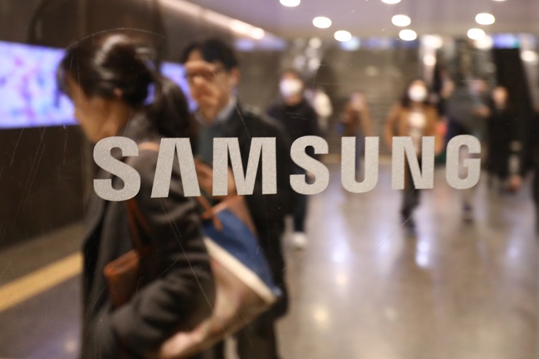 The Samsung logo is seen at the Samsung company office on February 05, 2024 in Seoul, South Korea.