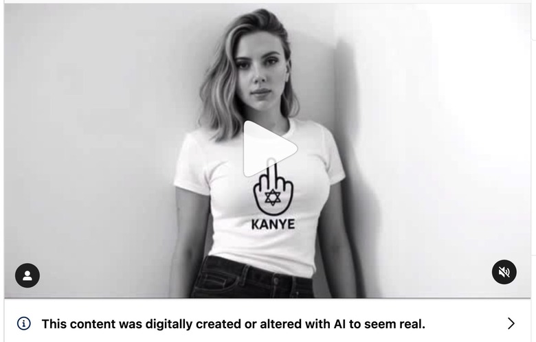 A screenshot showing an anti-Kanye deepfake AI video featuring the face of Scarlett Johansson and other celebrities.