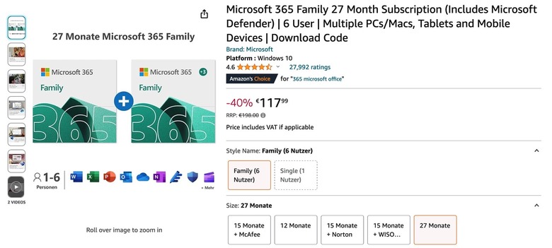 Microsoft 365 Family Black Friday deal: 27-month price on Amazon Germany.