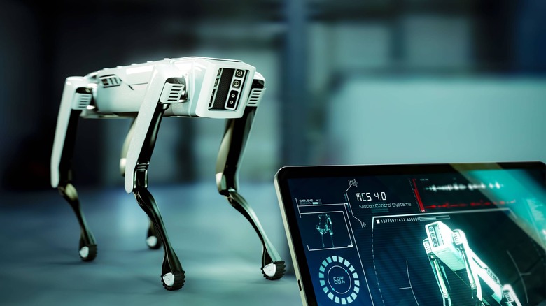 robot dog being diagnosed on a laptop