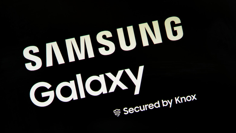 Samsung Galaxy and secured by Knox logos on black.