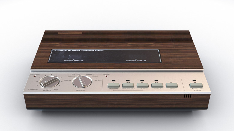 close up of a wood finish retro answering machine